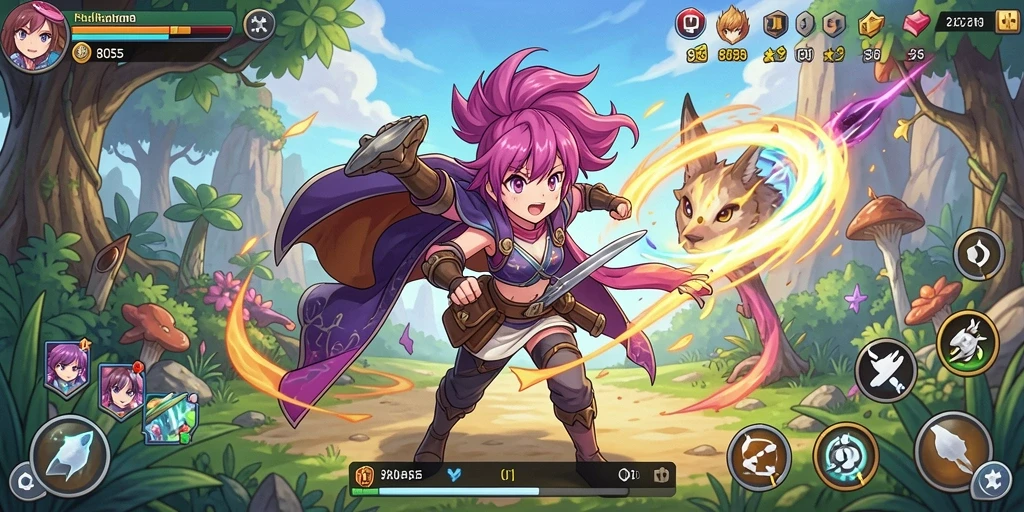 Screenshot utama 8055 yang menunjukkan pertarungan karakter anime yang dinamis.