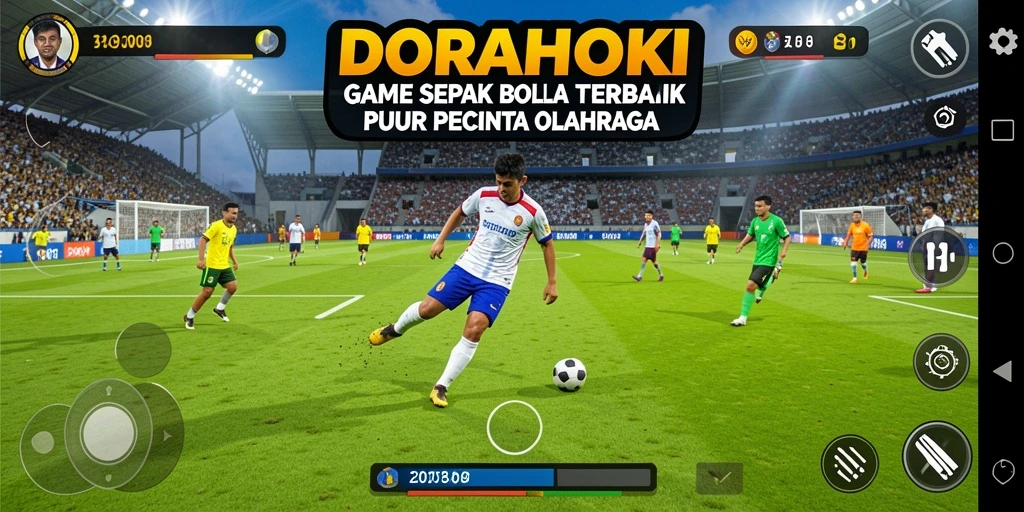Screenshot utama DORAHOKI menampilkan aksi mendebarkan dalam pertandingan sepak bola.