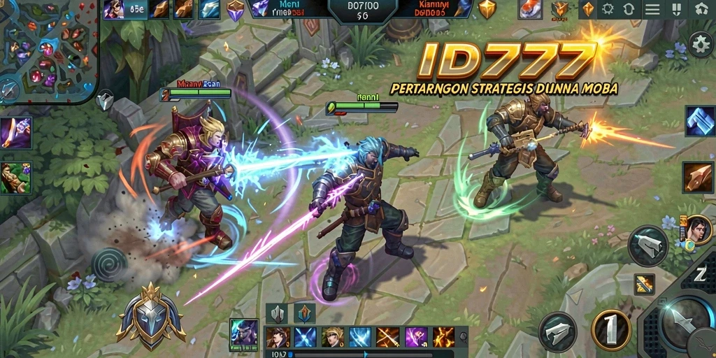 Screenshot gameplay ID777 menunjukkan pertarungan seru dengan pahlawan berbeda.