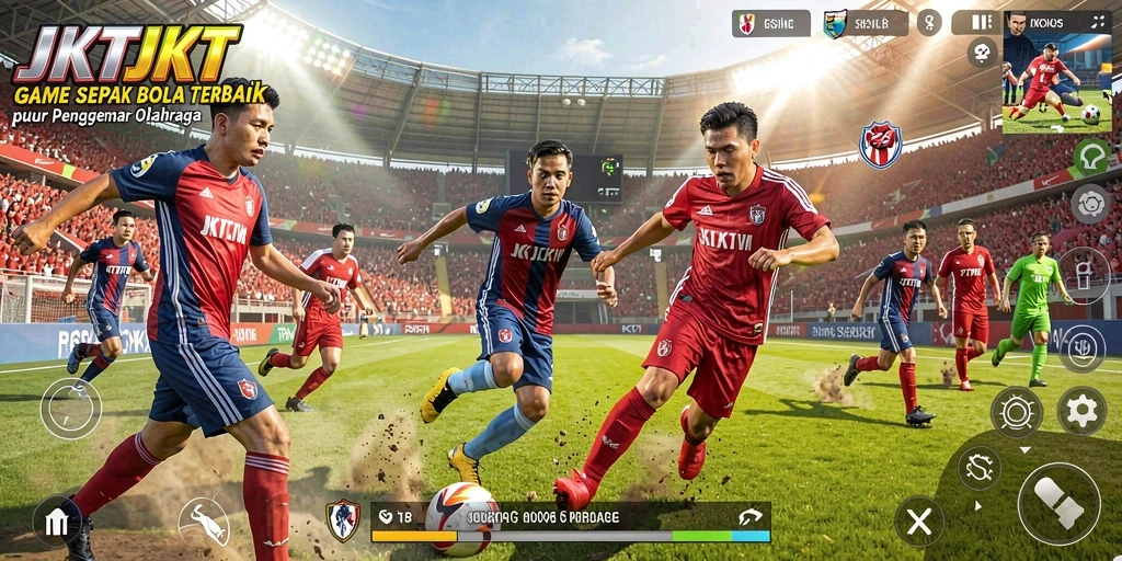 Tampilan gameplay JKTJKT dengan aksi sepak bola yang seru.